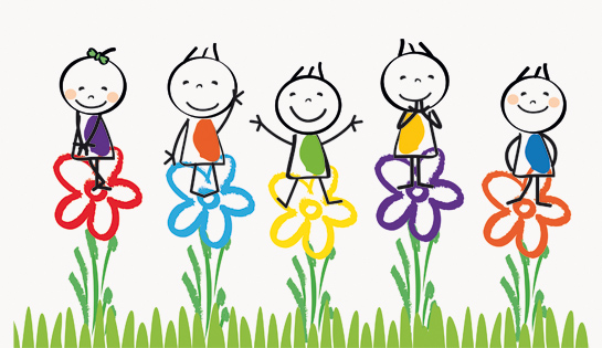 Kinderzeichnungen: Strichfiguren die auf Blumen stehen